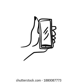 llustration vector doodle hand drawn sketch of human left hand using or holding big smart mobile phone isolated