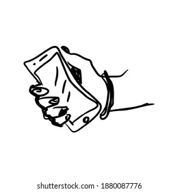 llustration vector doodle hand drawn sketch of human left hand using or holding big smart mobile phone isolated