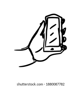 Illustration Vektordoodle handgezeichnete Skizze der menschlichen linken Hand mit oder halten Sie große Smartphone einzeln