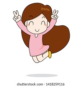 llustration vector flat image hand draw cartoon character illustration children girl pink dress smile jump isolated white background graphic design