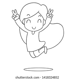 llustration vector flat image hand draw cartoon character illustration children girl pink dress smile jump isolated white background graphic design coloring book
