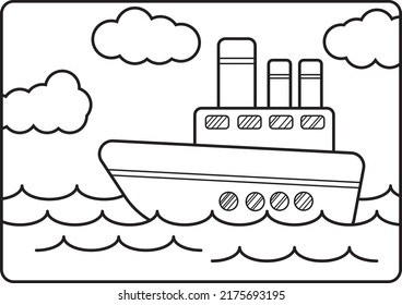 gráfico vectorial de depuración del buque en el mar en el día para libro de coloreado o página