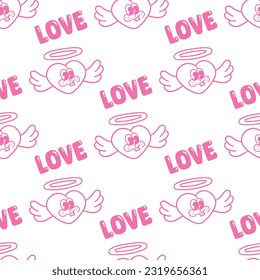 llustration of winged heart cartoon mascot seamless pattern