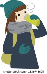 llustration of a Woman Drinking Hot Drink in a Water Bottle