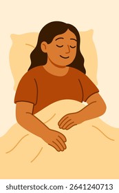llustration of a woman peacefully sleeping in bed, symbolizing rest, selfcare, and the importance of sleep for mental and physical health.
