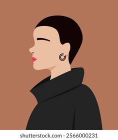 llustration of woman with short hair and black earrings, abstract illustration, flat vector illustration