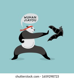 llustration of wuhan jiayou with pandas and bats.