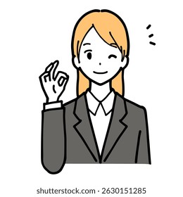 llustration of a young woman in a suit with a smile and an okay sign
