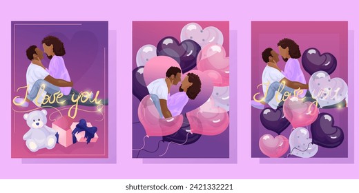  llustrations for an A4 postcard, for an anniversary, for Valentine's Day, and just to say I love you. Flat illustrations with a woman and a man kissing.