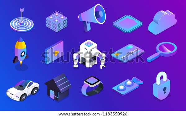 llustrations concept  artificial intelligence\
AI Set object 3d device and equipment technology. Isometric vector\
illustrate.