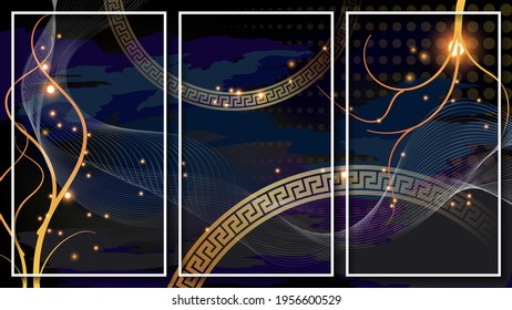 lluxurious dark art triptych of three images in thin white frames. overlapping translucent shapes, lights, flowing curved stripes, intertwining lines, gold rings with ancient Greek ornament. vector 