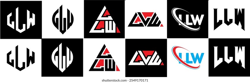 Diseño de logotipo de la letra de LLW en seis estilos. LLW polígono, círculo, triángulo, hexágono, estilo plano y simple con logo de letra de variación de color blanco y negro en una mesa de trabajo. Logotipo minimalista y clásico de LLW