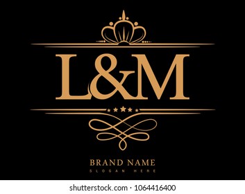 L&M Initial logo, Ampersand initial logo gold with crown and classic pattern