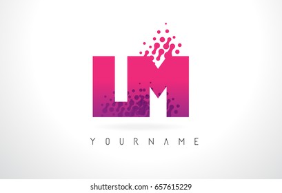 LM L M Letter Logo with Pink Letters and Purple Color Particles Dots Design.