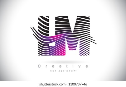 LM L M Zebra Texture Letter Logo Design With Creative Lines and Swosh in Purple Magenta Color Vector.