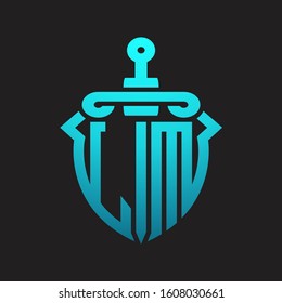 LM Logo monogram with sword and shield combination isolated blue colors gradient