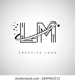 Logotipo do Monograma da Órbita do LM - Marca de Letra Mínima Futurista com Linha de Arte Circular, Pontos Inspirados na Tecnologia e Conceito de Movimento Espacial para Identidade de Marca Moderna