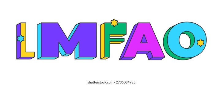 LMFAO playful 3D text design. Uncontrollable laughter. Funny internet humor. Joke response. LOL comic relief. Multicolor block letters. Retro funky style with stars. Pop culture. Montserrat font used