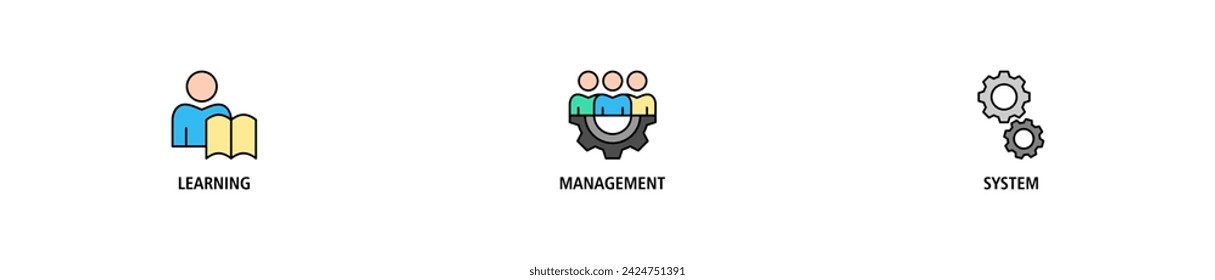 LMS banner web icon vector concepto de ilustración para el sistema de gestión de aprendizaje, cursos educativos, formación y programas de desarrollo con aprendizaje en línea, administración, crecimiento e icono de automatización