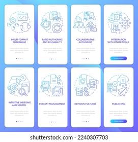 LMS and CMS functionalities blue gradient onboarding mobile app screen set. Walkthrough 4 steps graphic instructions with linear concepts. UI, UX, GUI template. Myriad Pro-Bold, Regular fonts used