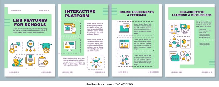 LMS features for school turquoise brochure template. Leaflet design with linear icons. Editable 4 vector layouts for presentation, annual reports. Arial-Black, Myriad Pro-Regular fonts used