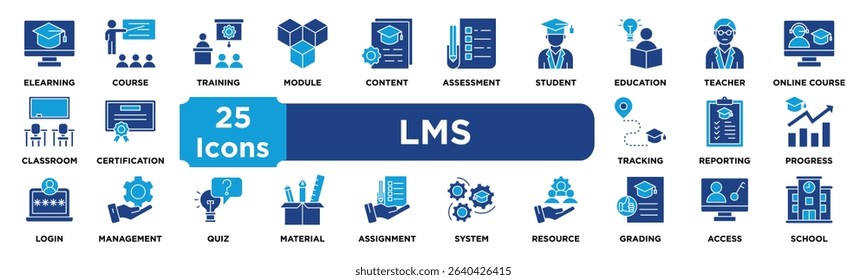 LMS icon collection set. Containing elearning,course,training,module,content,assessment,student,education,teacher,online course icon. dual tone vector