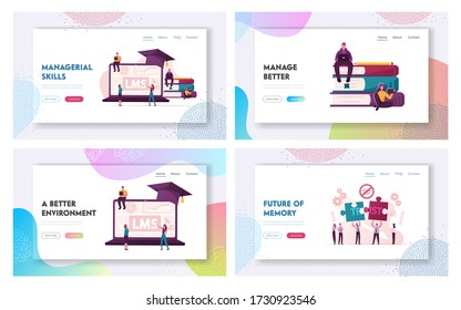 Lms, Learning Management System and Broken Trust Landing Page Template Set. Tiny Characters at Huge Laptop with Graphs and Piles of Textbooks, Students Studying. Cartoon Vector People Illustration