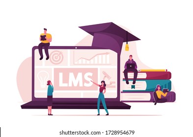 Lms, Learning Management System Concept. Pequeños personajes masculinos y femeninos alrededor de una enorme laptop con gráficos y gorra de graduación, montones de libros de texto, estudiantes que estudian. Ilustración de personas con vectores de caricatura