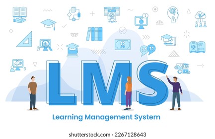 lms learning management system concept with big words and people surrounded by related icon with blue color style