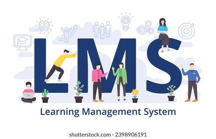 LMS - Concepto del Sistema de Gestión del Aprendizaje con acrónimos de texto de palabra grande y personas en equipo en ilustraciones vectoriales de estilo plano moderno