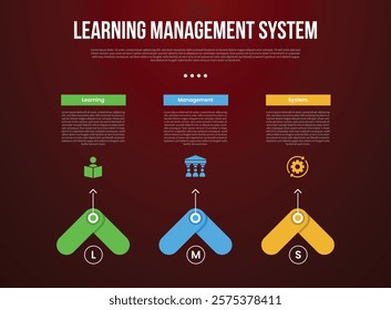 LMS learning management system infographic template with creative arrow shape top direction with dark background style with 3 point for slide presentation vector