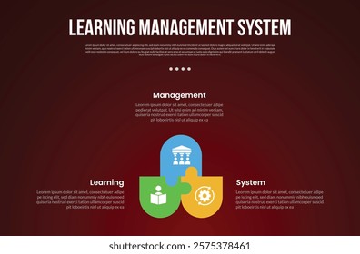 LMS learning management system infographic template with cycle circular round rectangle with puzzle jigsaw connection with dark background style with 3 point for slide presentation vector