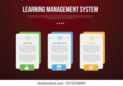 LMS learning management system infographic template with creative box with outline circle on top with dark background style with 3 point for slide presentation vector