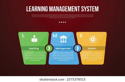 LMS learning management system infographic template with unbalance shape with circle direction with dark background style with 3 point for slide presentation vector