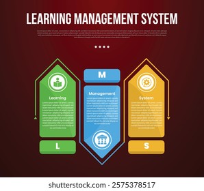 LMS learning management system infographic template with big rectangle arrow up and down with outline circular with dark background style with 3 point for slide presentation vector