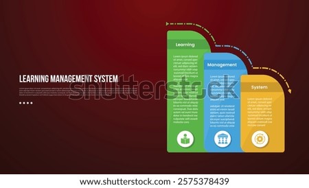 LMS learning management system infographic template with round box container decrease gradually with dark background style with 3 point for slide presentation vector