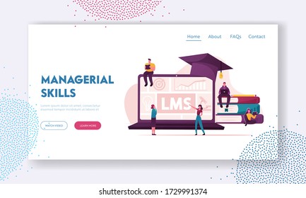 LMS, Learning Management System Landing Page Template. Kleine Figuren rund um ein riesiges Laptop mit Grafiken und Graduationskap, Bücherpfeifen, Studierende. Cartoon Vector People Illustration