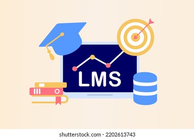LMS, Learning Management System as online education concept. Educational technology, online learning delivery, training, knowledge software application, qualification framework. Vector illustration.