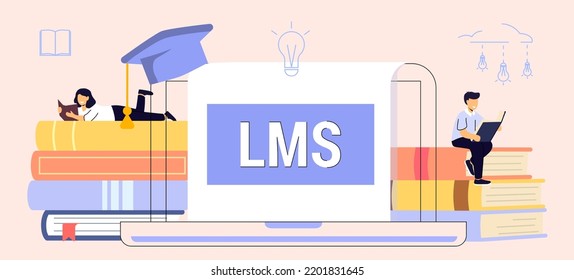 LMS Learning Management System software application concept Educational online training for skill administration, documentation, tracking, reports and delivery Piles of textbooks Vector illustration