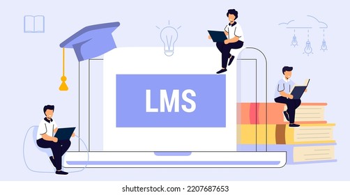 LMS Learning Management System software application concept Educational online training for skill administration, documentation, tracking, reports and delivery Piles of textbooks Vector illustration