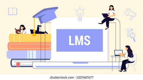 LMS Learning Management System software application concept Educational online training for skill administration, documentation, tracking, reports and delivery Piles of textbooks Vector illustration