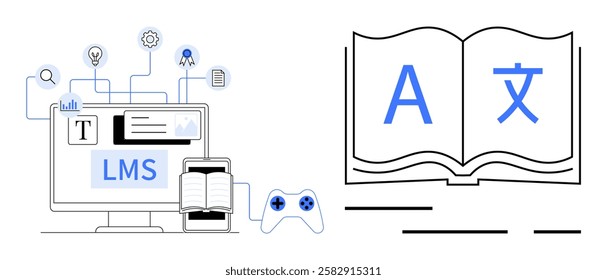 LMS on computer screen with book, game controller, connected learning icons, open book with multilingual letters A and Chinese character. Ideal for e-learning, education apps, language study