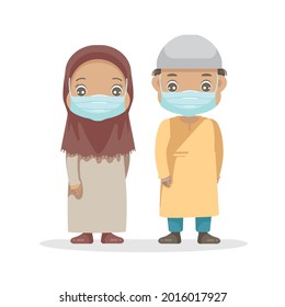 lmuslim kids mask. ittle boy and little girl three to five year olds. full body kindergarten cartoon character of male and female. 