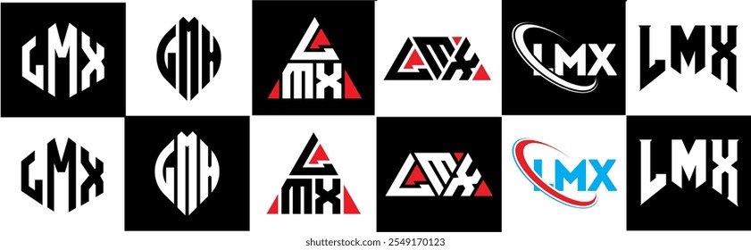 LMX letter logo design in six style. LMX polygon, circle, triangle, hexagon, flat and simple style with black and white color variation letter logo set in one artboard. LMX minimalist and classic logo