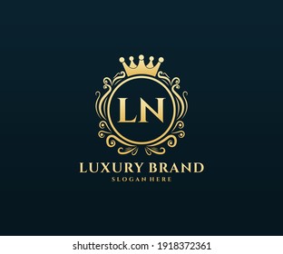 LN  Initial Letter Gold calligraphic feminine floral hand drawn heraldic monogram antique vintage style luxury logo design.