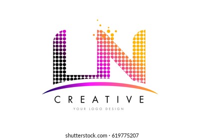 LN L N Dots Letter Logo Design with Magenta Bubble Circles and Swoosh