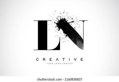 LN L N Letter Logo Design with Black Ink Watercolor Splash Spill Vector Illustration.