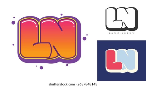 LN logo design for festival or party. Initial letter l and n in graffiti style. Creative modern lettering company name of font typography. Kids trendy logotype or identity. Vector illustration.
