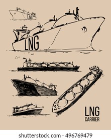 LNG carrier. Hand drawn sketch. Black and white illustration