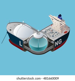 LNG Carrier Isometric Structure Design. Merchant Ship For Transporting Liquefied Natural Gas. Vector Illustration